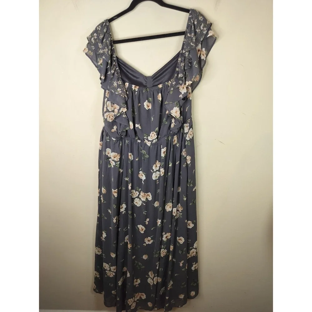 Torrid Gray Floral Chiffon Maxi Dress Ruffled Flutter Sleeve - Picture 11 of 12